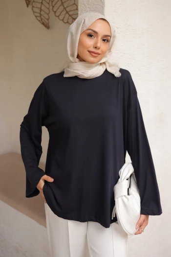 Lacivert Bisiklet Yaka Oversize Kol İnce Penye Sweat