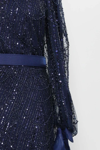 Lacivert Boncuklu Payetli Kemerli Abiye