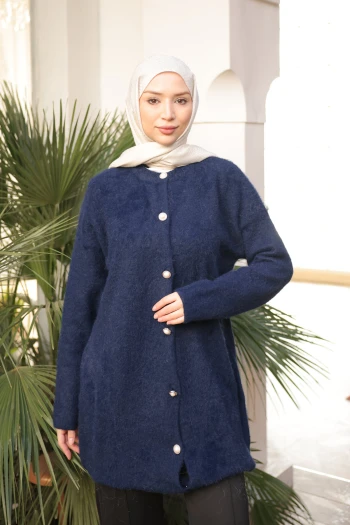 Lacivert Düğmeli Angora Yumoş Triko Hırka
