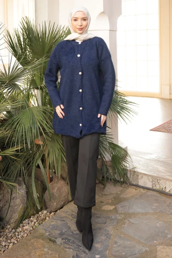 Lacivert Düğmeli Angora Yumoş Triko Hırka