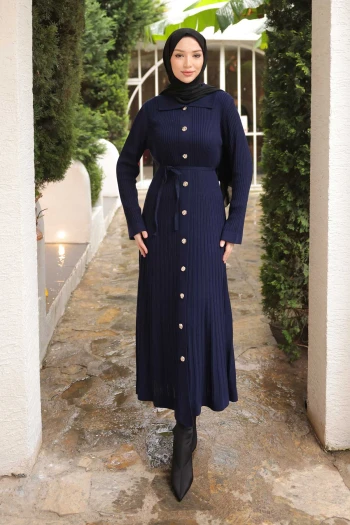 Lacivert Düğmeli Triko Elbise
