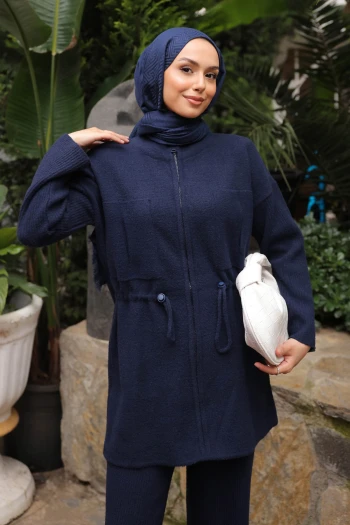 Lacivert Fermuarlı Angora Yumoş Hırka Pantolonlu Takım