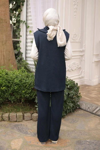 Lacivert Fitilli Yelek Tunik Pantolonlu Üçlü Takım