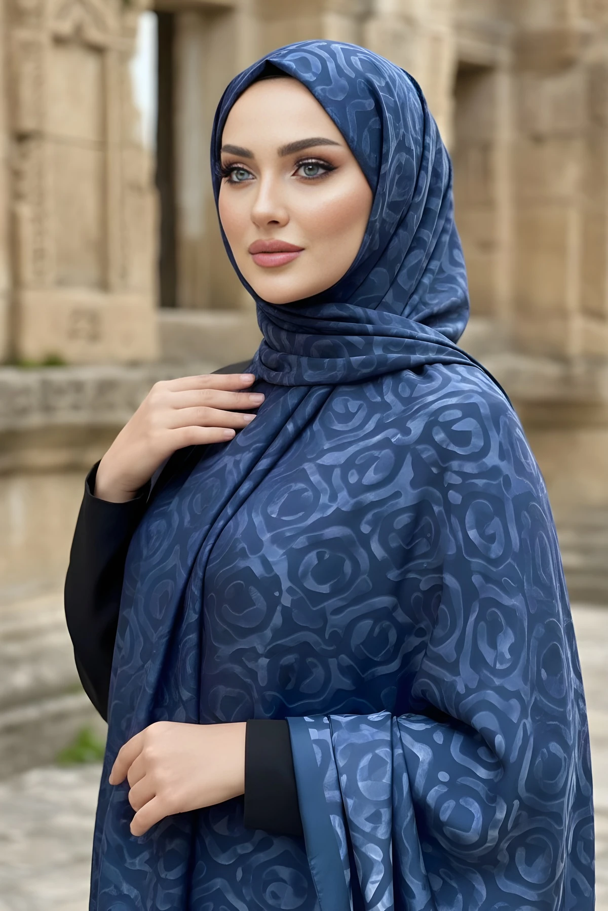 Lacivert İpekhan Soft Dijital Pamuklu Şal