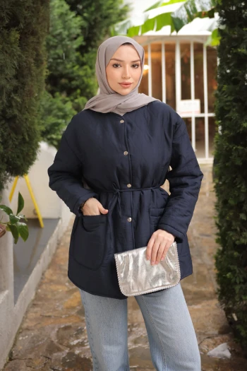 Lacivert Kapitone Desenli Astarlı  Çıtçıtlı Ceket