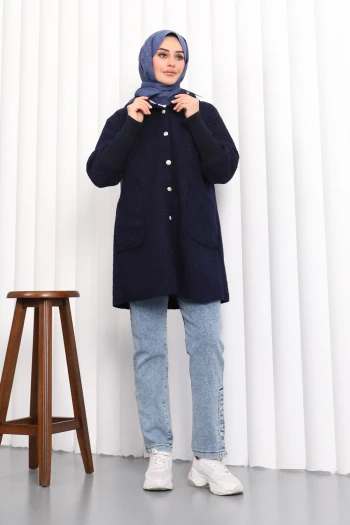 Lacivert Kapşonlu Buklet Kaban