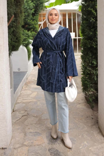 Lacivert Kapüşonlu Lazer Kesim Kot Ceket