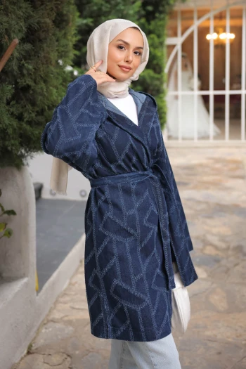 Lacivert Kapüşonlu Lazer Kesim Kot Ceket