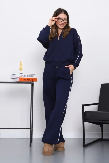 Lacivert Kapüşonlu Üç İplik Sweat Hırka Pantolonlu Takım