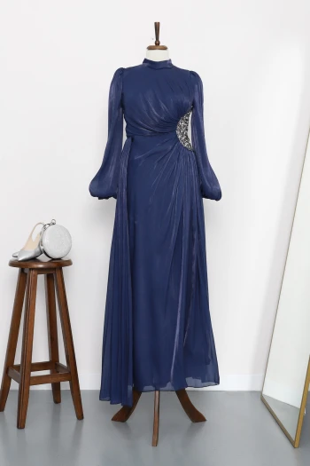 Lacivert Kolu Lastikli Taş Detaylı Abiye