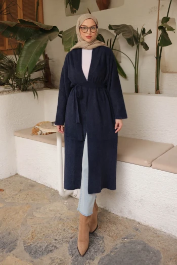 Lacivert Kuşaklı Uzun Angora Hırka