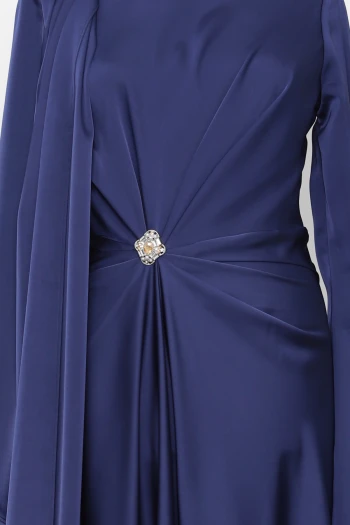 Lacivert Önü Pelerinli Drapeli Saten Abiye