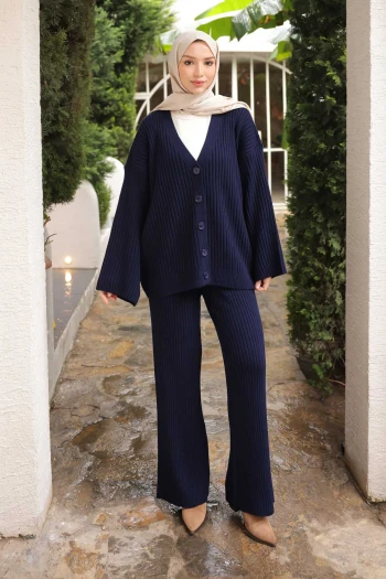 Lacivert Selanik Örme Hırka Pantolonlu Triko Takım