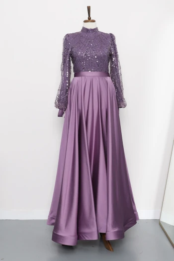 Lila Boncuklu İşlemeli Saten Abiye