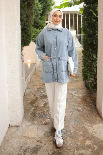 Mavi Cepli Düğmeli Kot Ceket