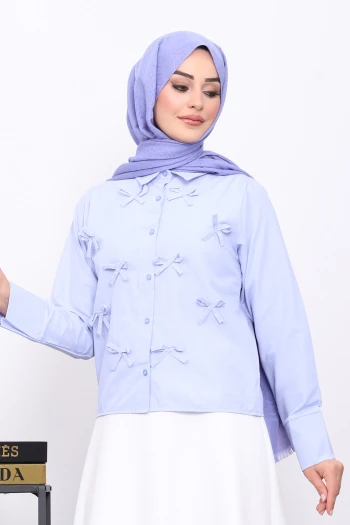Mavi Fiyonklu Ön Düğmeli Gömlek