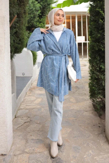 Mavi Kapüşonlu Lazer Kesim Kot Ceket