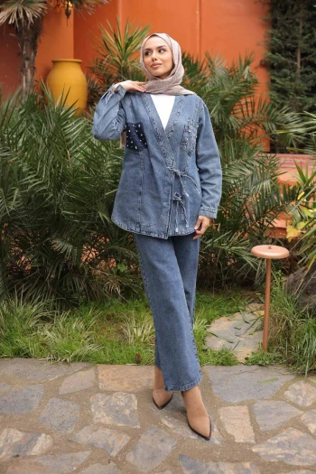Mavi Taş İşlemeli Ceket Pantolonlu Kot Takım