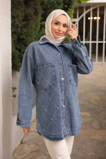 Mavi Taş İşlemeli Kot Ceket
