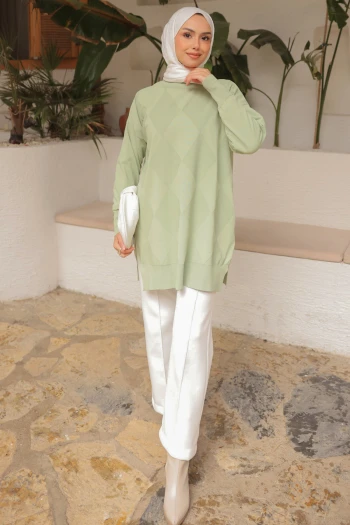 Mint Yeşili Bisiklet Yaka Soğuk İplik Triko Tunik