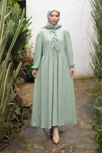 Mint Yeşili Kol Lastikli Yaka Bağlamalı Bürümcük Elbise