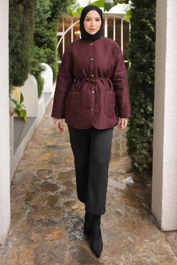 Mürdüm Kapitone Desenli Astarlı  Çıtçıtlı Ceket