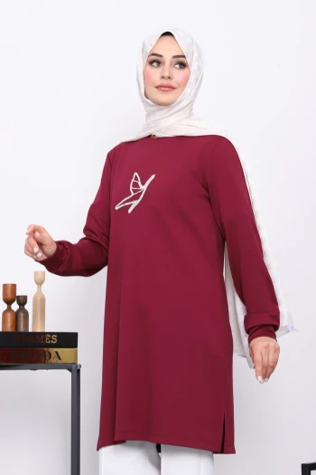 Mürdüm Taş Baskılı Modal Tunik