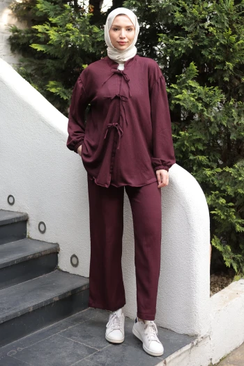 Mürdüm Ön Bağlamalı Bürümcük Kimono Pantolonlu Takım