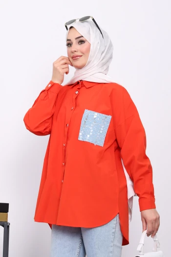 Nar Çiçeği Cebi Pul İşlemeli Oversize Gömlek