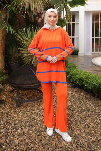 Orange Çizgili Triko Tunik Pantolon İkili Takım