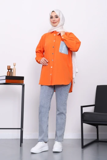 Oranj Cebi Pul İşlemeli Oversize Gömlek