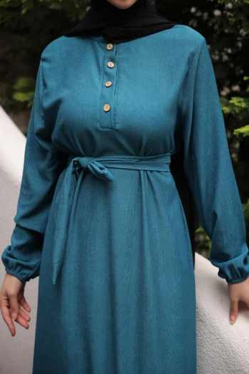 Petrol Yeşili Kuşaklı Kol Lastikli Fitilli Elbise