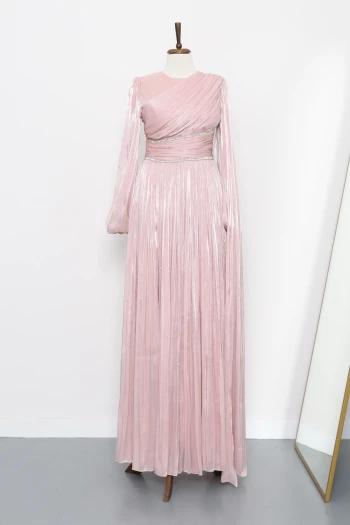 Pudra Bel Büzgülü Taşlı Abiye