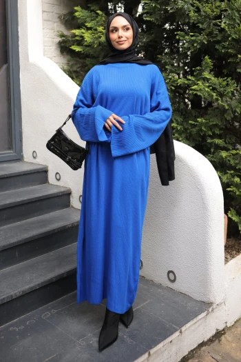 Saks Mavi Balıkçı Yaka Triko Elbise