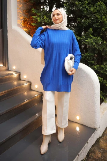 Saks Mavi Bisiklet Yaka Merserize Salaş Triko Tunik