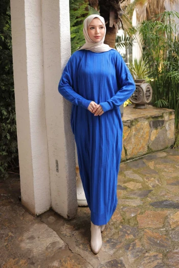 Saks Mavi Dik Yaka Merserize Triko Elbise