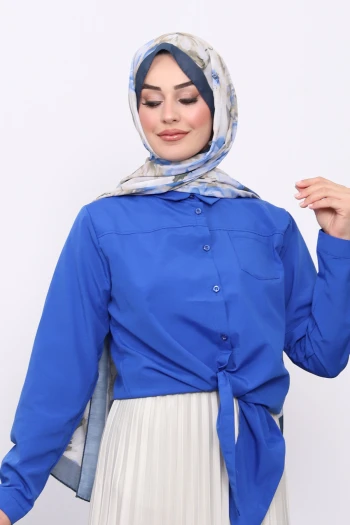 Saks Mavi Tek Cepli Ön Bağlamalı Gömlek