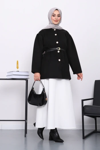 Siyah Bel Lastikli Kemerli Kaşe Çeket