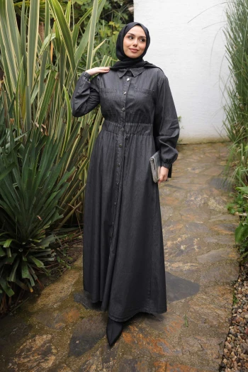 Siyah Bel Lastikli Dügmeli Kot Elbise