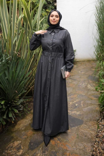 Siyah Bel Lastikli Dügmeli Kot Elbise