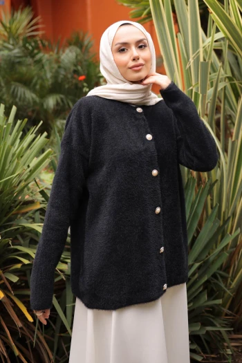 Siyah Bisiklet Yaka Angora Yumoş Hırka