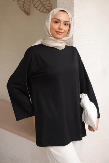 Siyah Bisiklet Yaka Oversize Kol İnce Penye Sweat