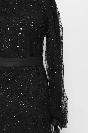 Siyah Boncuklu Payetli Kemerli Abiye