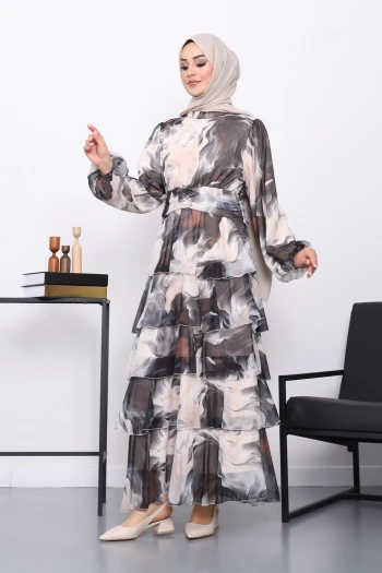 Siyah Desenli Katlı Şifon Elbise