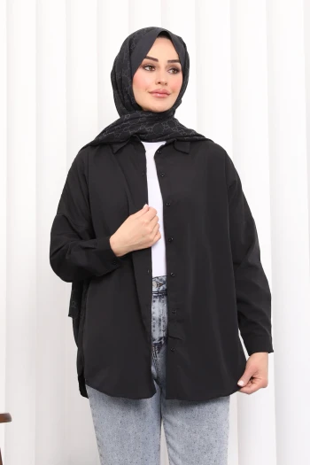 Siyah Düğmeli Salaş Terikoton Gömlek