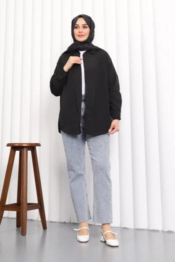 Siyah Düğmeli Salaş Terikoton Gömlek