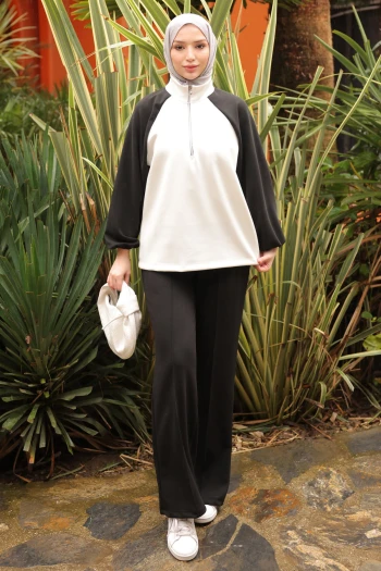 Siyah Fermuarlı Garnili Sweat  Pantolonlu Takım