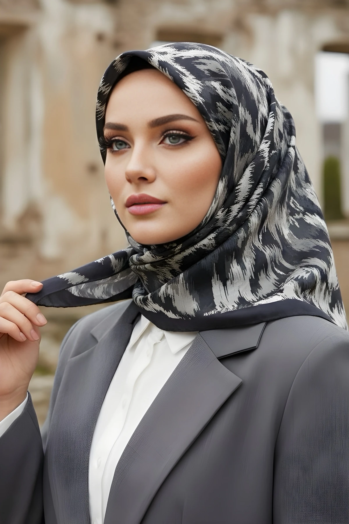 SİYAH GRİ İpekhan Soft Dijital Pamuklu Eşarp