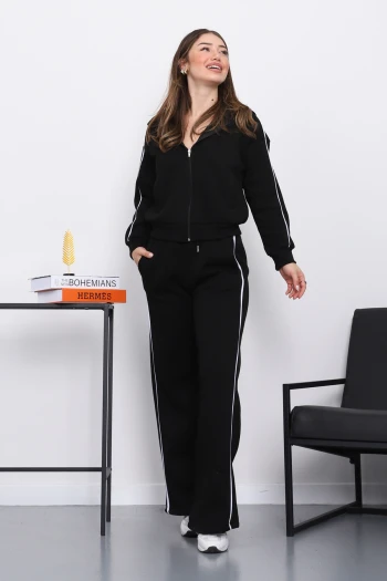 Siyah Kapüşonlu Üç İplik Sweat Hırka Pantolonlu Takım