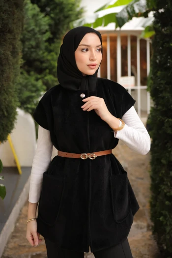 Siyah Kemerli Astarlı Kaşe Yelek